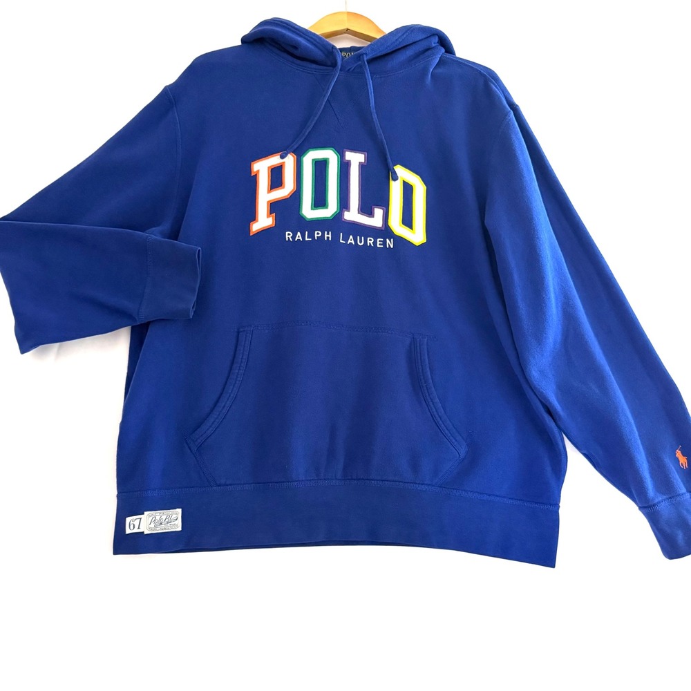 Polo Ralph Lauren Hoodie Blue Multicolor Logo Pullover Mens XL Fleece Sweatshirt